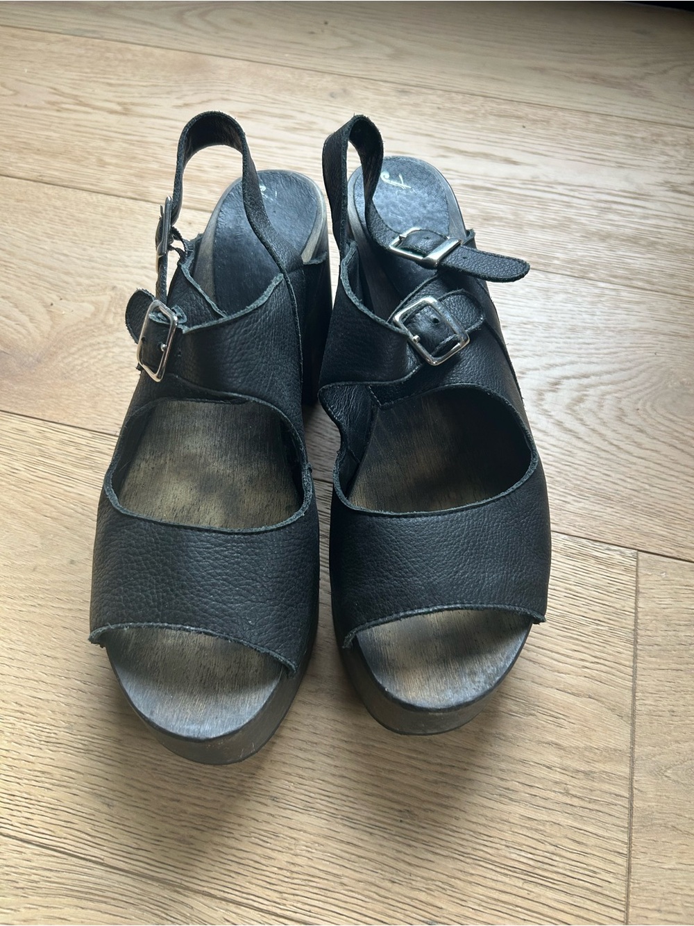 Free People Black Leather Platform Slingback Sandals
